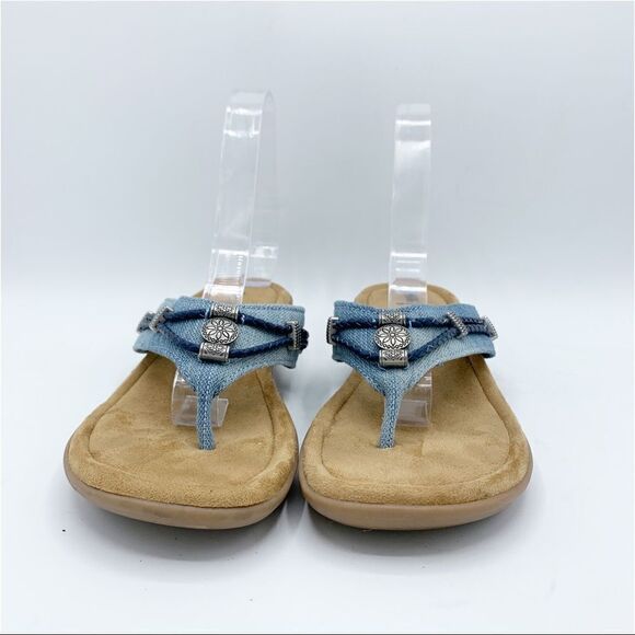 Minnetonka Chambray Silverthrone Wedge Thong Sandals Sz 9 - Picture 6 of 13